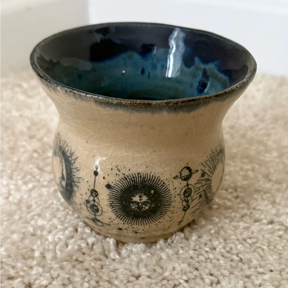 Vintage Handcrafted Ceramic Vase with Blue and Cream Celestial Design - Picture 1 of 6